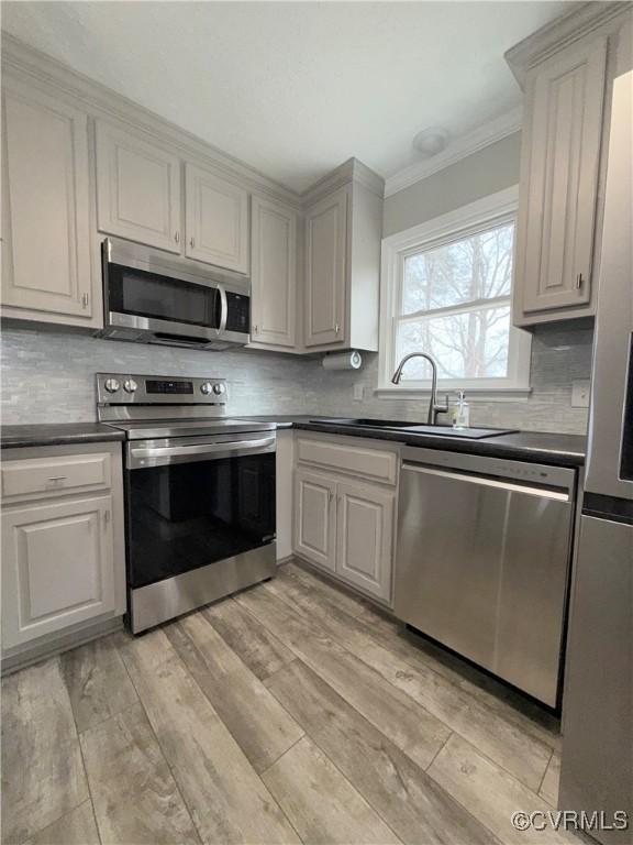 kitchen featuring sink, ornamental molding, stainless steel appliances, and light wood-type flooring