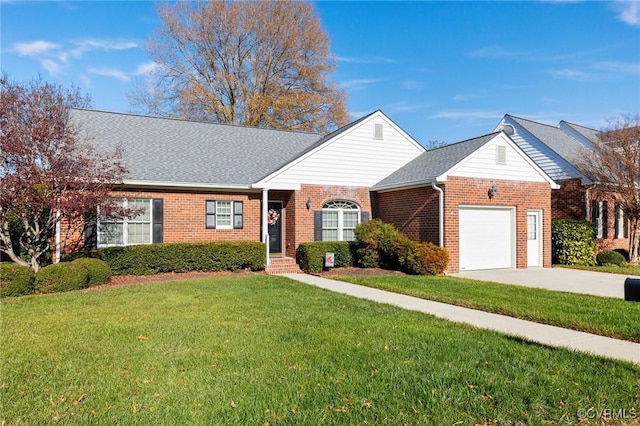 ranch-style home with a front lawn and a garage