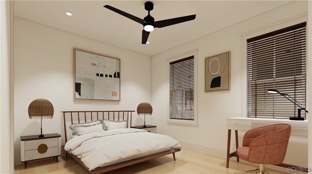 bedroom featuring ceiling fan, light wood-style flooring, and recessed lighting