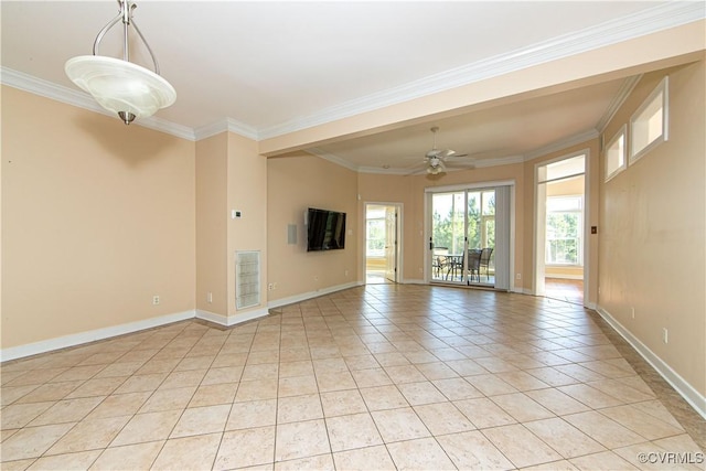 unfurnished living room with ceiling fan, light tile patterned floors, and crown molding