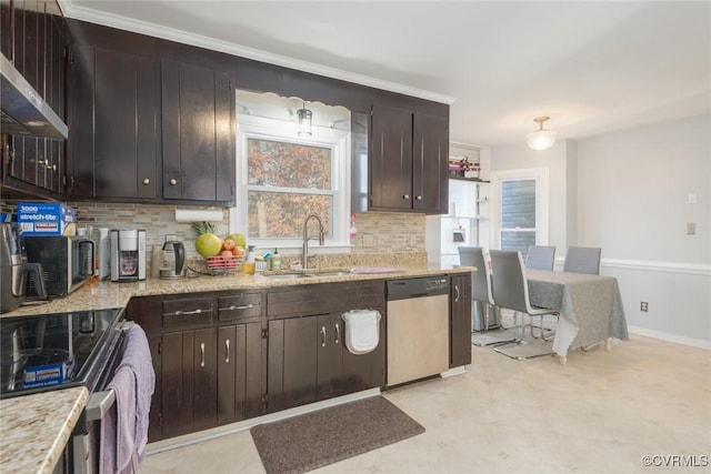 kitchen with backsplash, sink, stainless steel dishwasher, light stone countertops, and dark brown cabinetry