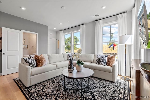 living room featuring plenty of natural light and light hardwood / wood-style floors