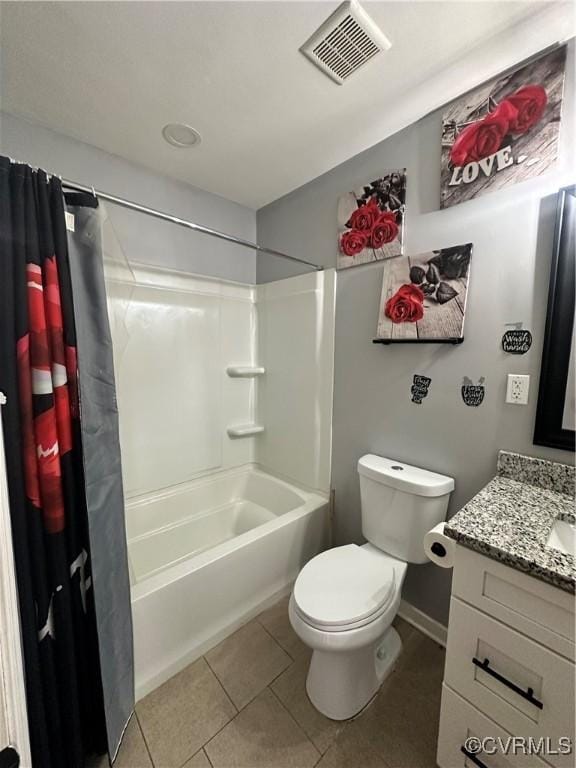 full bathroom with shower / bath combo with shower curtain, tile patterned flooring, vanity, and toilet