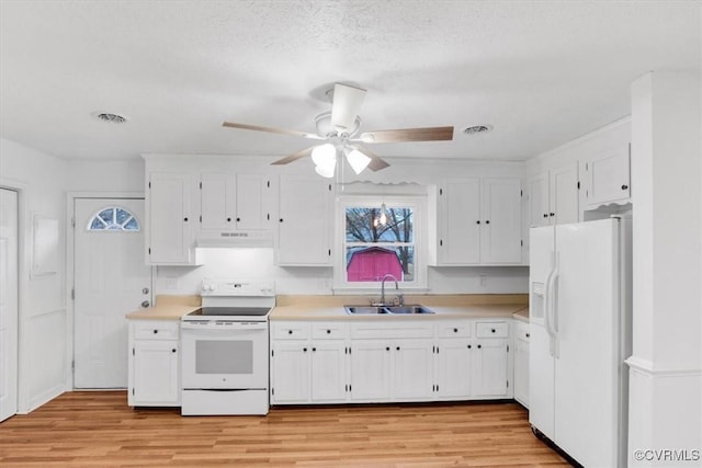 kitchen with white cabinetry, sink, light hardwood / wood-style floors, and white appliances