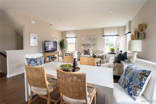 dining room with a healthy amount of sunlight and dark wood-type flooring