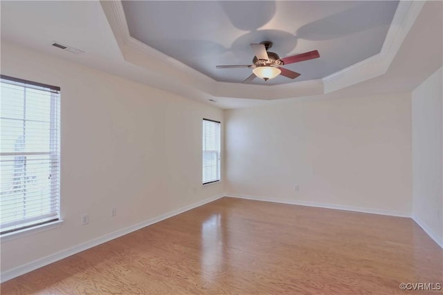 unfurnished room with a raised ceiling, light hardwood / wood-style flooring, and plenty of natural light