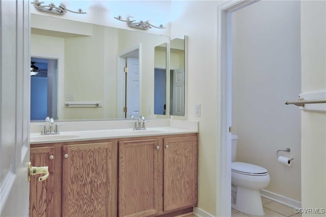 bathroom featuring tile patterned flooring, vanity, ceiling fan, and toilet