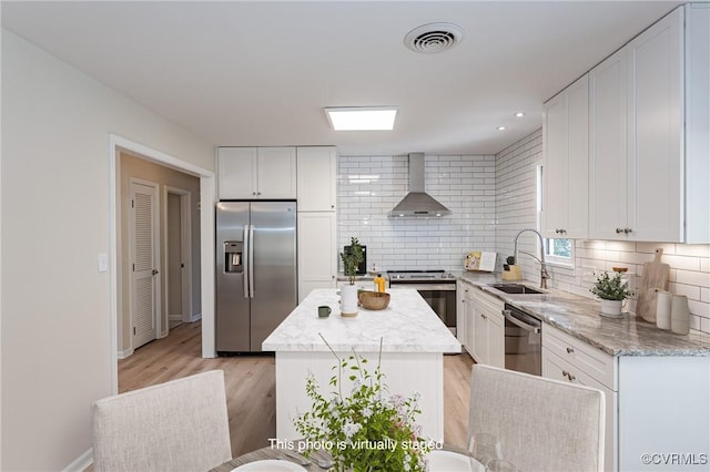 kitchen with visible vents, a sink, appliances with stainless steel finishes, wall chimney exhaust hood, and backsplash