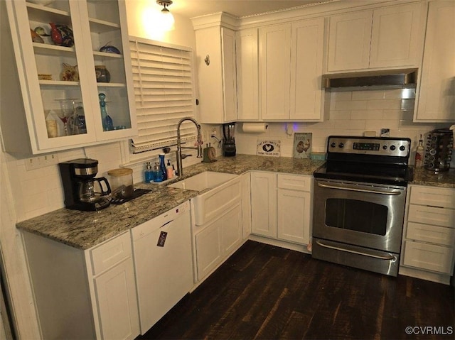 kitchen featuring white cabinetry, white dishwasher, sink, and stainless steel range with electric cooktop