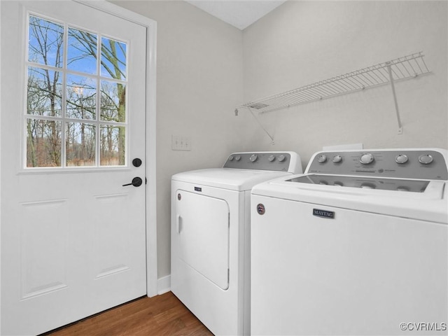 laundry room featuring washer and dryer, dark wood-type flooring, and a wealth of natural light