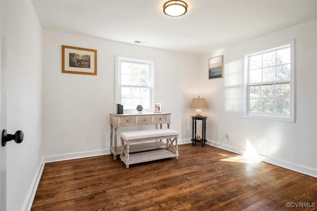 sitting room featuring a healthy amount of sunlight and dark hardwood / wood-style floors