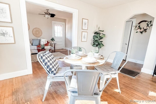 dining area featuring ceiling fan and hardwood / wood-style flooring