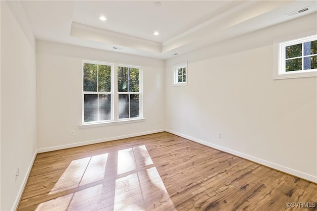 unfurnished room with a raised ceiling and light wood-type flooring