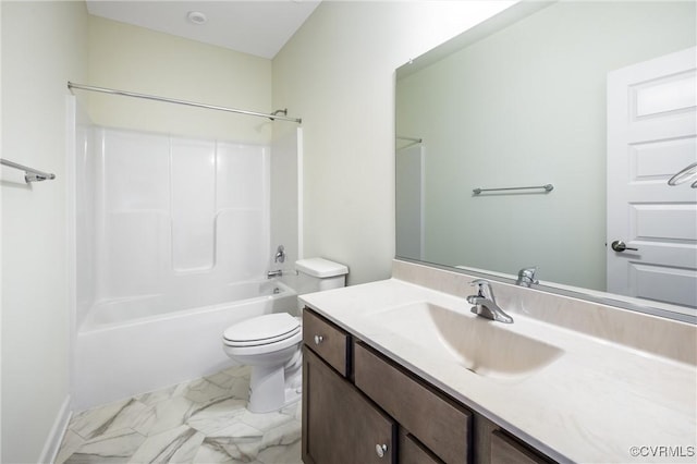 full bathroom with vanity, bathtub / shower combination, and toilet