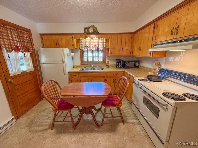 kitchen with a textured ceiling, white appliances, a baseboard radiator, and sink