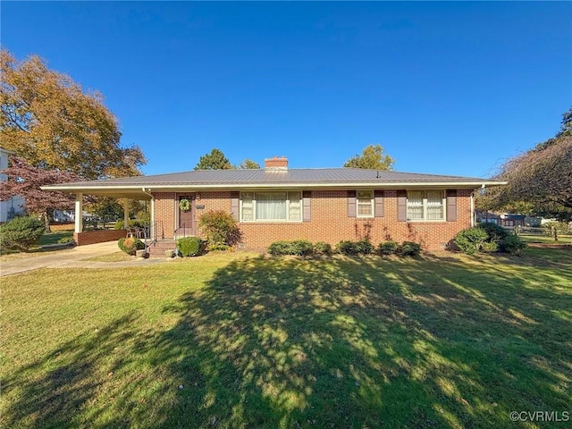 single story home with a front yard and a carport