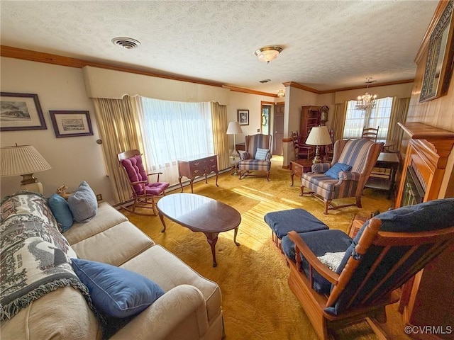 living room featuring crown molding, a textured ceiling, and an inviting chandelier