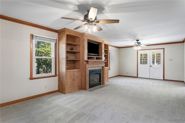 11741 Riverpark Dr, Chesterfield, VA 23838 - unfurnished living room with ornamental molding, a ceiling fan, and light colored carpet
