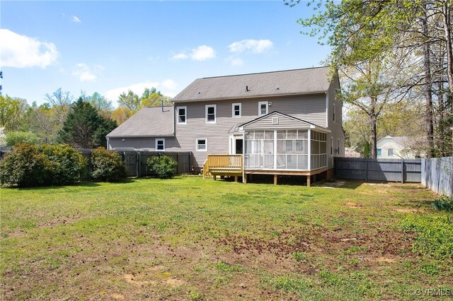 11741 Riverpark Dr, Chesterfield, VA 23838 - rear view of house with a yard, a fenced backyard, a sunroom, and roof with shingles