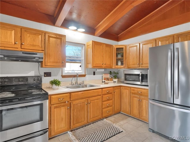 kitchen with vaulted ceiling with beams, sink, and stainless steel appliances