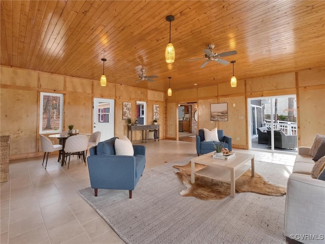 living room featuring ceiling fan, light tile patterned flooring, wood ceiling, and wood walls