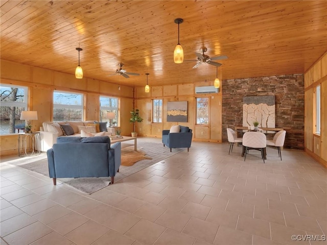 tiled living room featuring ceiling fan, a wall mounted AC, wood walls, lofted ceiling, and wood ceiling