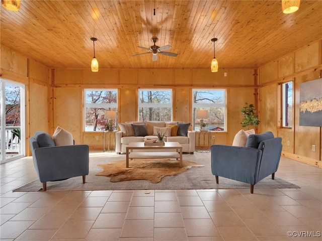 living room with a wealth of natural light, wooden walls, and wooden ceiling