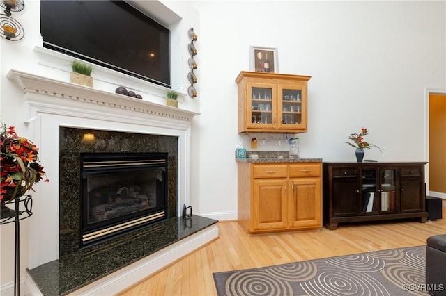 interior space featuring a fireplace, light hardwood / wood-style flooring, and dark stone counters