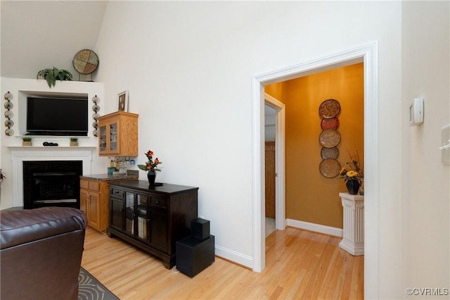 living room featuring lofted ceiling and light hardwood / wood-style flooring