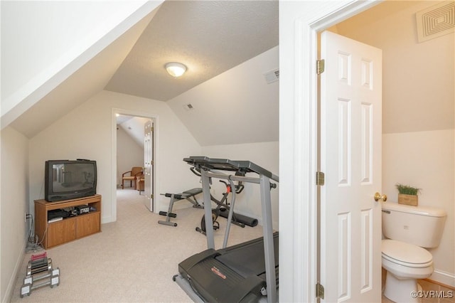 exercise area featuring lofted ceiling, light carpet, and a textured ceiling