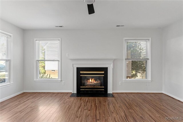 room details with hardwood / wood-style flooring and ceiling fan