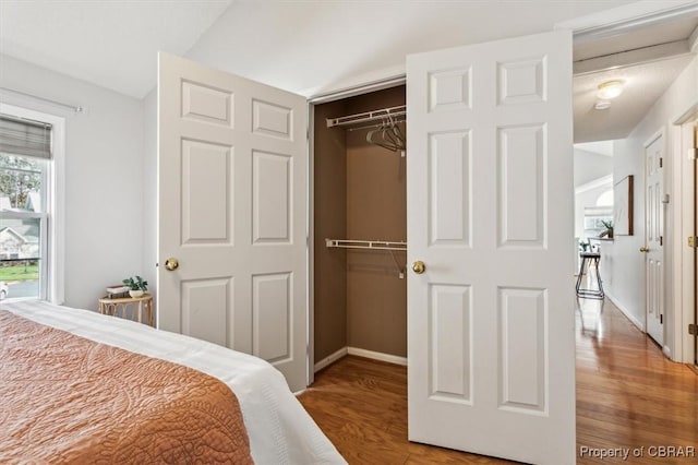 bedroom featuring hardwood / wood-style floors and a closet