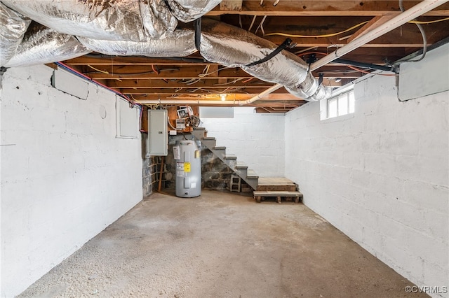 basement featuring electric panel and electric water heater