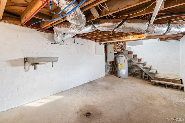 basement with electric water heater and electric panel