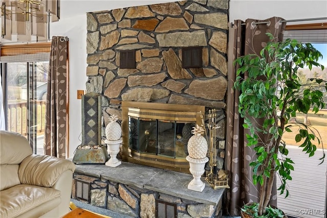 room details with a stone fireplace