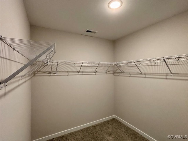 walk in closet featuring dark carpet