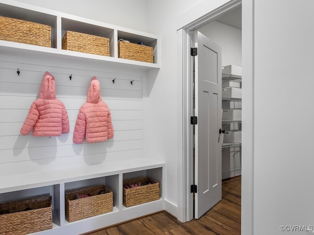 mudroom featuring dark wood-style flooring