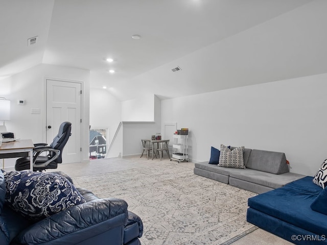 carpeted living room with lofted ceiling, visible vents, and recessed lighting