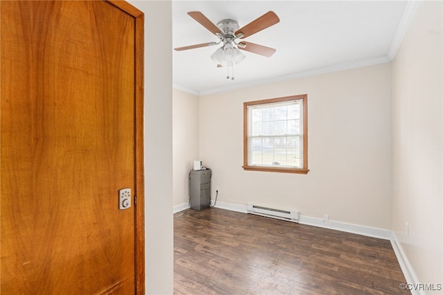 unfurnished room featuring baseboard heating, crown molding, ceiling fan, and dark hardwood / wood-style floors