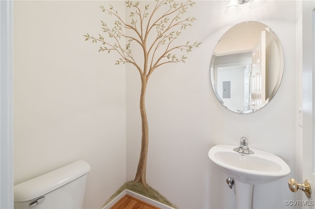 bathroom with hardwood / wood-style floors and toilet