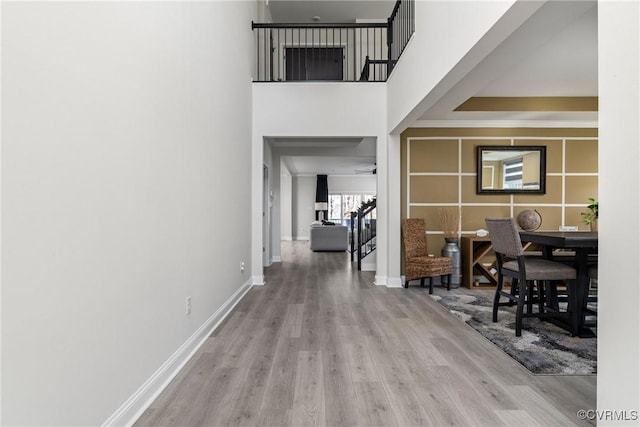 hall featuring light hardwood / wood-style floors and ornamental molding