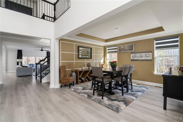 dining room featuring ornamental molding, a tray ceiling, ceiling fan, and light hardwood / wood-style floors