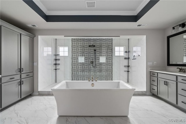 bathroom featuring vanity, a raised ceiling, crown molding, and plus walk in shower