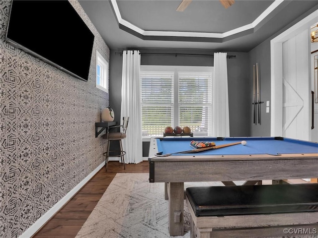 recreation room featuring wood-type flooring, a raised ceiling, and billiards