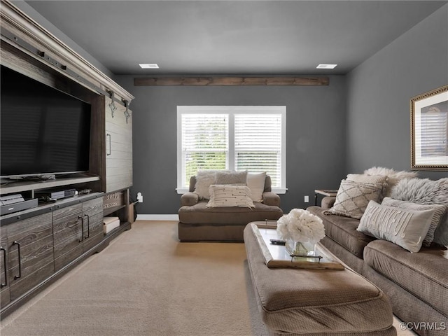 living room featuring light carpet