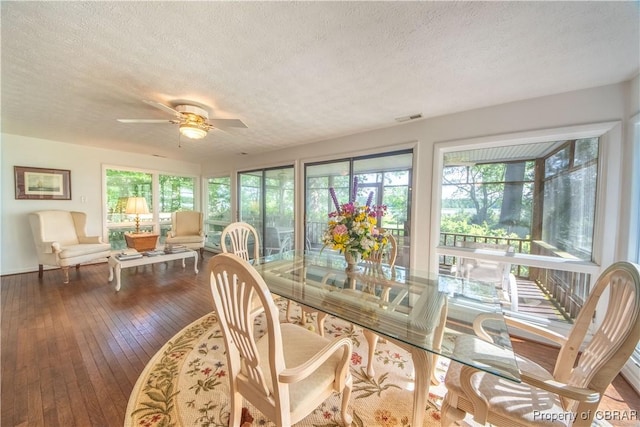 dining space with ceiling fan, wood-type flooring, a textured ceiling, and a wealth of natural light