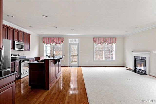 kitchen with baseboards, dark countertops, a fireplace with flush hearth, stainless steel appliances, and crown molding