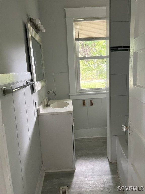 bathroom featuring tasteful backsplash, a bathing tub, vanity, and wood-type flooring