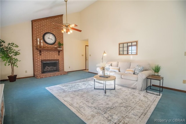 carpeted living room featuring a fireplace, high vaulted ceiling, and ceiling fan