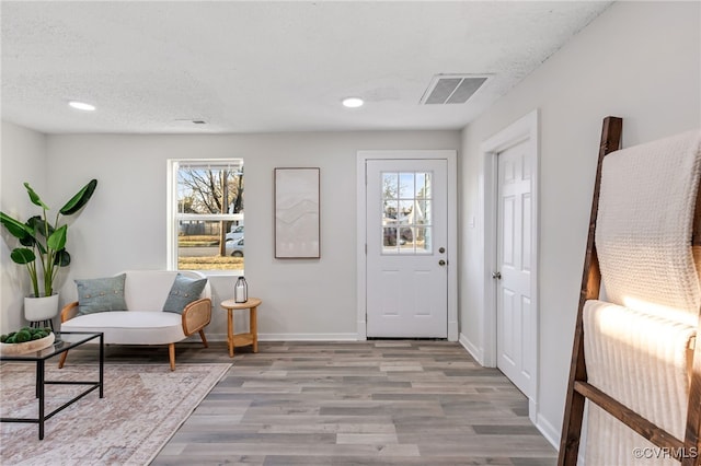 foyer entrance featuring a textured ceiling, light hardwood / wood-style flooring, and a healthy amount of sunlight